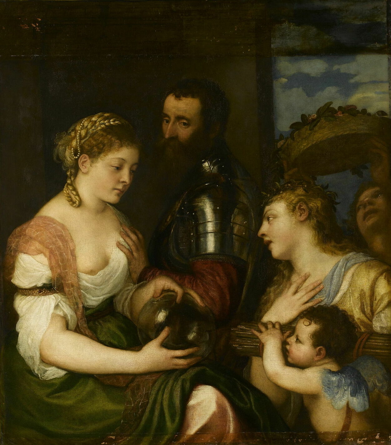 Allegory of Marriage by Titian – Renaissance Allegory, Louvre Museum. Painting of a woman holding a child, a man in armor, and another woman with a baby, set against a dark background.