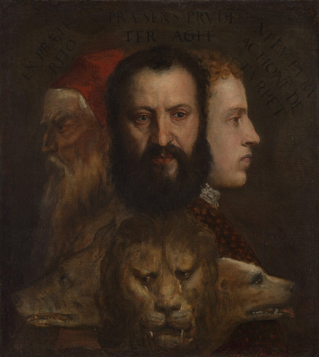 An Allegory of Prudence by Titian – Symbolic Renaissance Masterpiece, National Gallery London. Portrait of a man with two women and two lions, featuring classical text on a dark background.