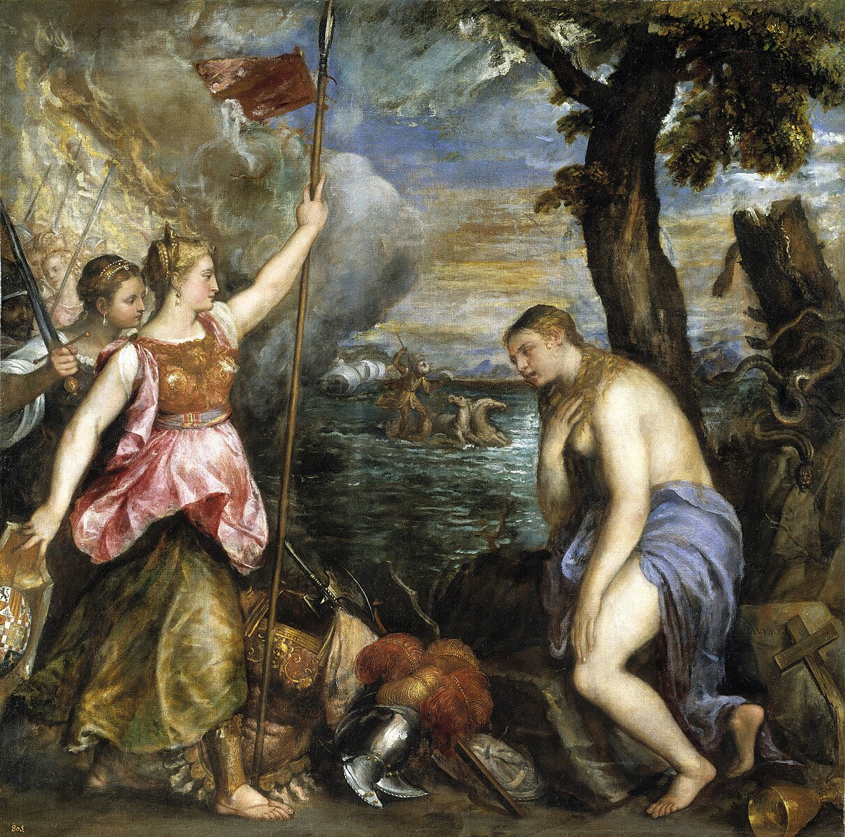 Religion Saved by Spain by Titian – Renaissance Allegory, Museo del Prado Madrid. Painting of a woman holding a flag and a man by a body of water with other figures in the background.