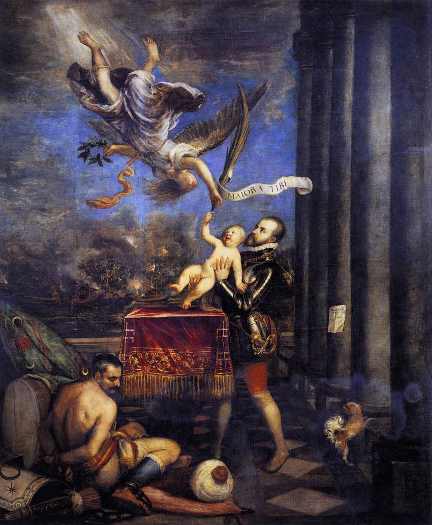 Philip II Offering Don Fernando to Victory by Titian – Late Renaissance Allegory, Museo del Prado Madrid. Mural painting with classical architecture, figures, and a winged figure in an interior setting.