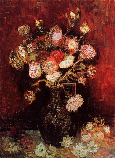 Still life painting of a vase with flowers on a dark red background - Vase with Asters and Phlox (1886) by Van Gogh — Paris Floral Still Life