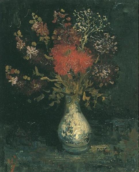 Still life painting of a vase with flowers on a dark background - Vase with Flowers (c.1886) by Van Gogh — Paris-Period Still Life Flower Painting