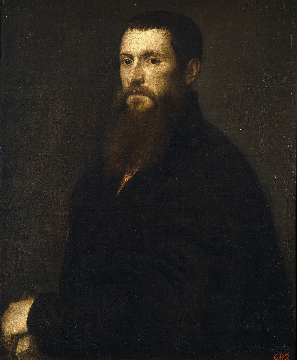 Portrait of Daniele Barbaro by Titian – Venetian Renaissance, Museo del Prado Madrid. Portrait of a man with a beard and dark clothing against a dark background