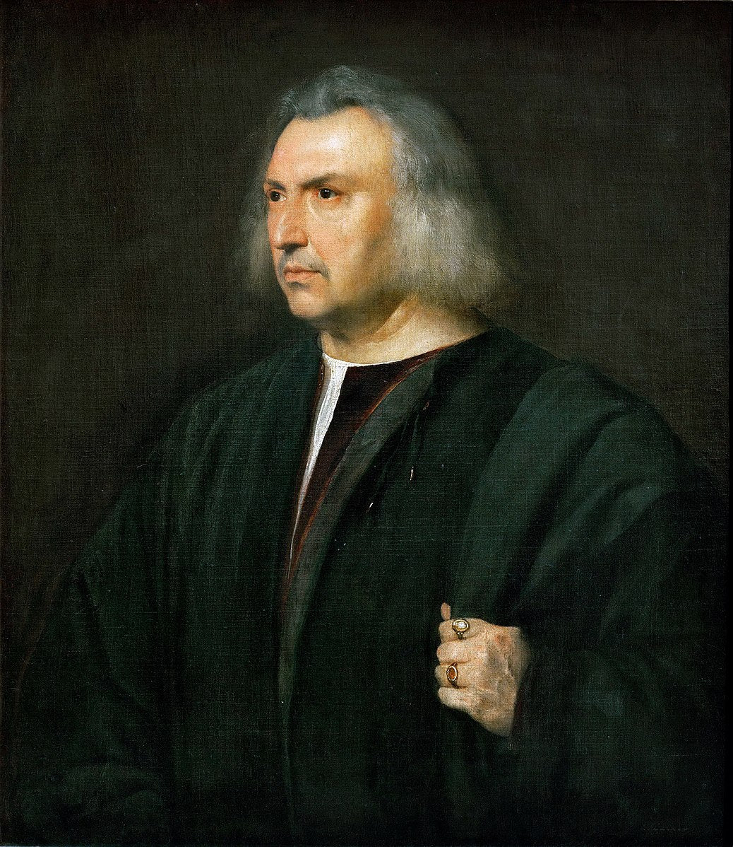 Portrait of Gian Giacomo Bartolotti da Parma by Titian – Early Renaissance, Galleria Palatina Florence. Portrait of a man with gray hair wearing a dark robe against a dark background