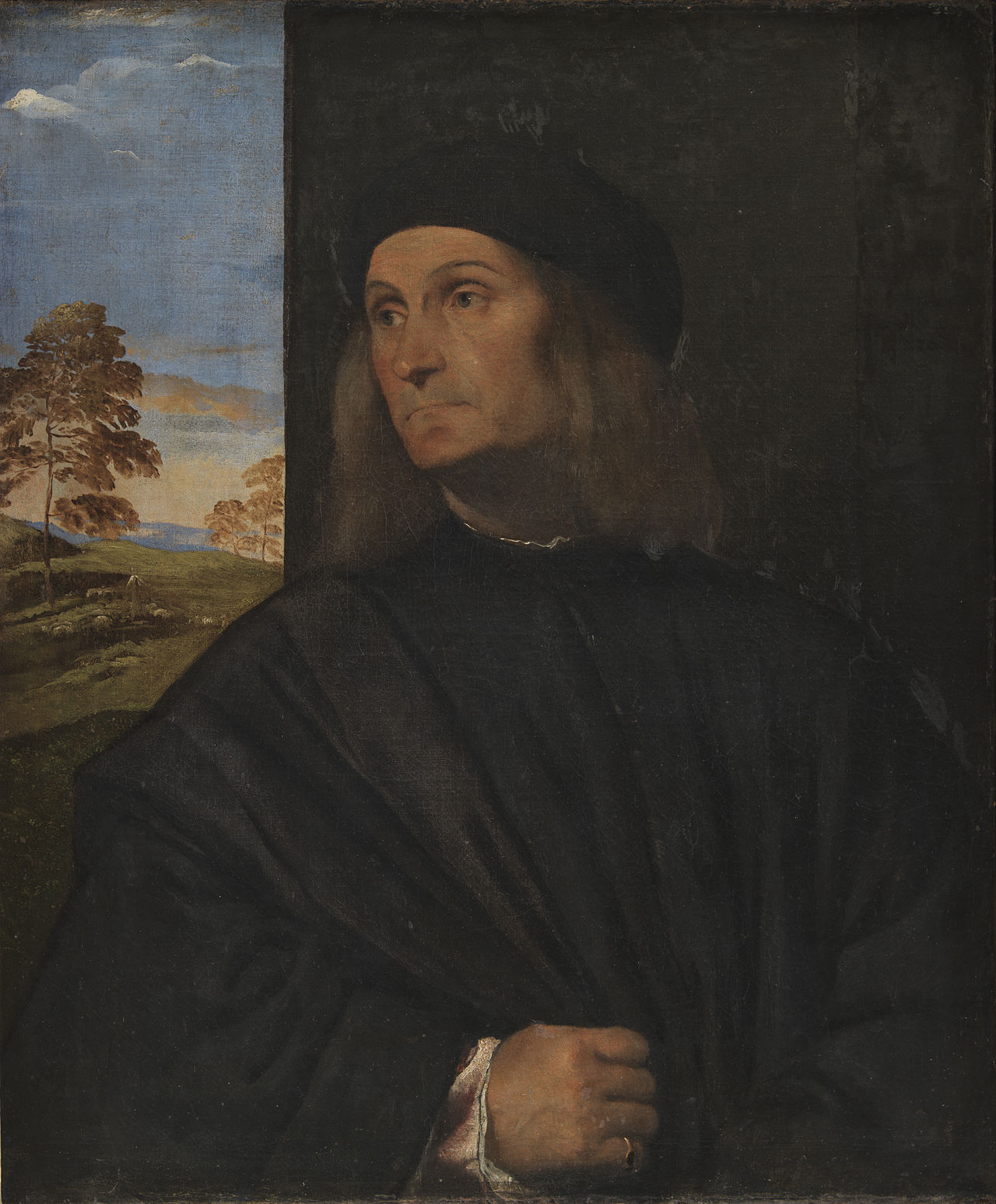 Portrait of Giovanni Bellini by Titian – Venetian Renaissance, Museo Poldi Pezzoli Milan. Portrait of a man with a landscape in the background