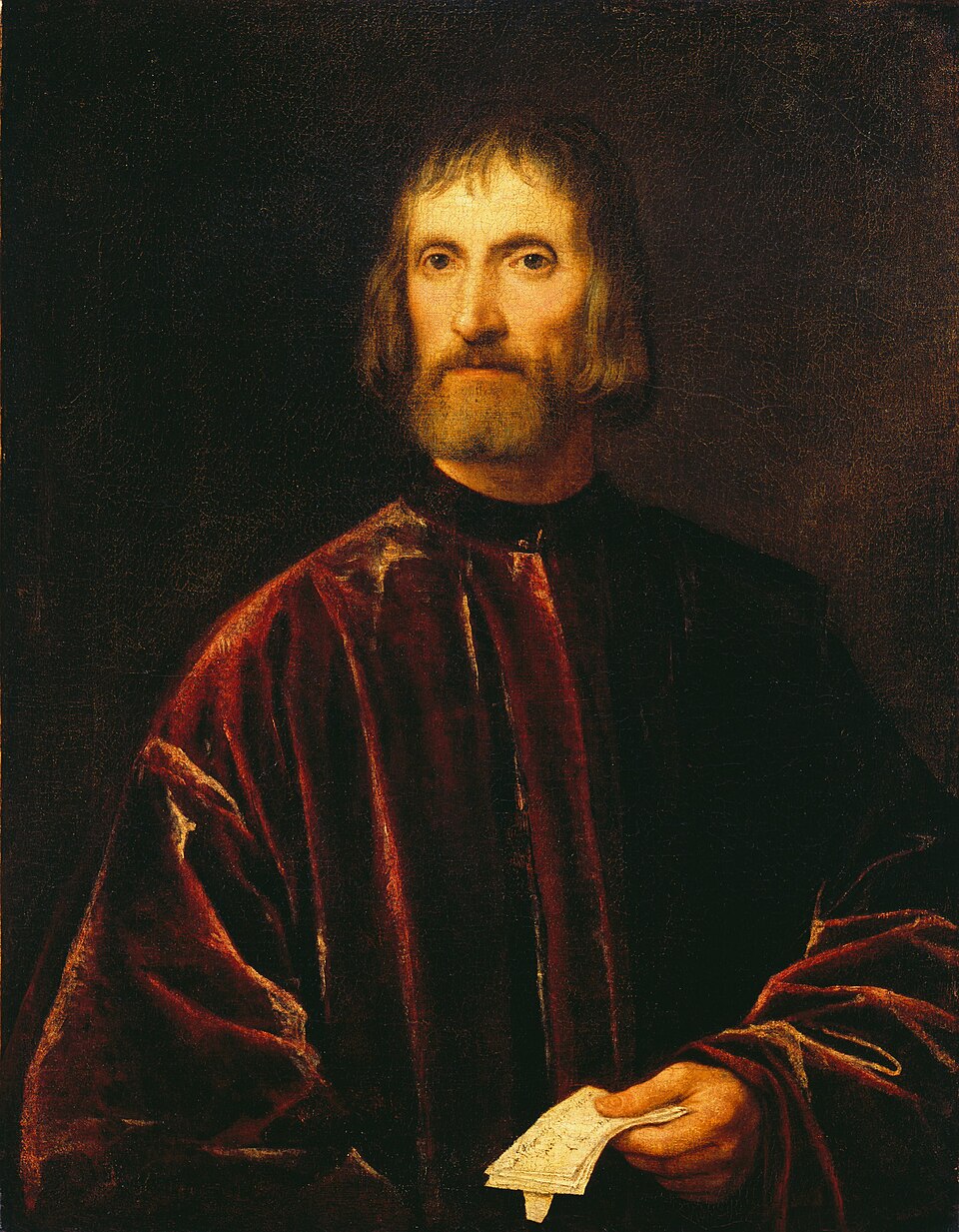 Portrait of Andrea dei Franceschi by Titian – Venetian Renaissance, Detroit Institute of Arts. Portrait of a man holding money, wearing a dark robe, against a dark background