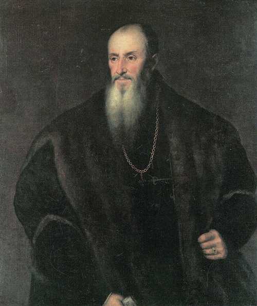 Portrait of Nicolas Perrenot de Granvelle by Titian – Renaissance Portrait, Time Museum France. Portrait of a man with a beard wearing a dark robe against a dark background
