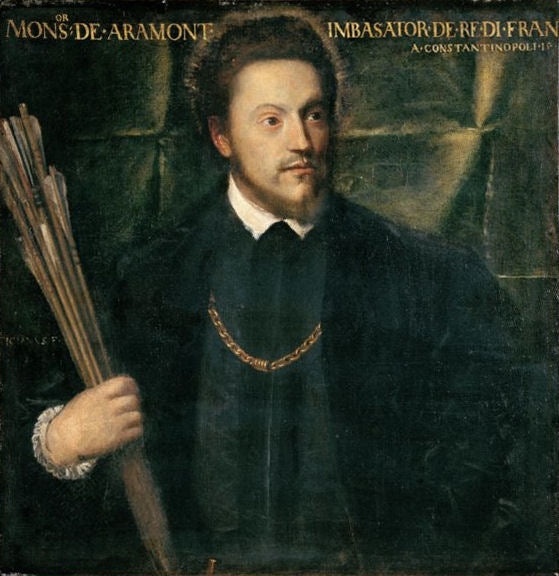 Portrait of Gabriel de Luez d’Aramont by Titian – Renaissance Portrait, Castello Sforzesco Milan. Portrait of a man holding a staff with text above his head, set against a dark background.