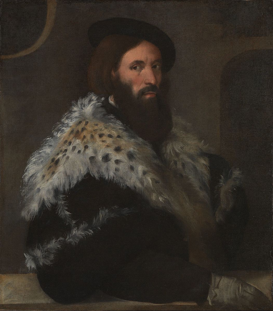 Portrait of Girolamo Fracastoro by Titian – Renaissance Masterpiece, National Gallery London. Portrait of a man with a fur-lined coat and hat, sitting against a dark background.