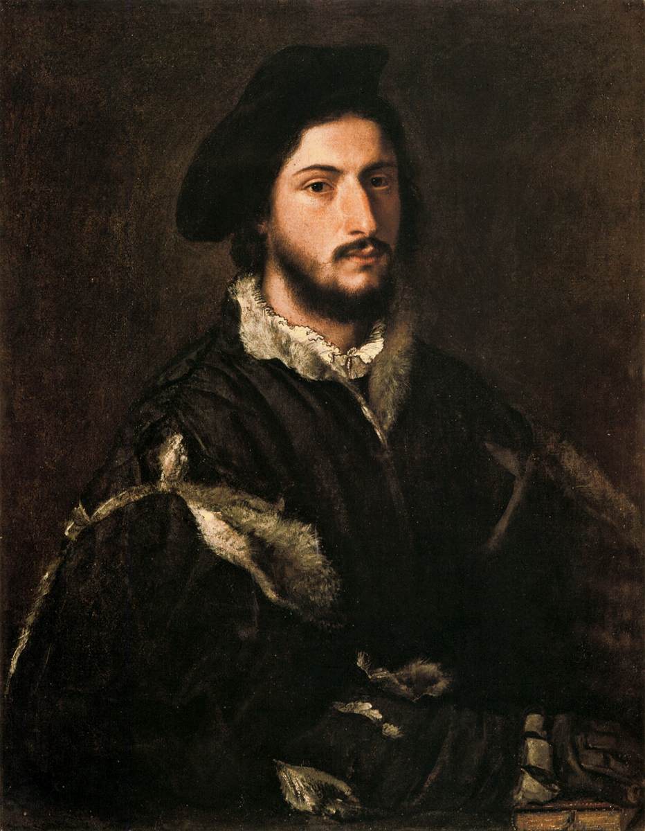 Portrait of Vincenzo Mosti by Titian – Early Renaissance, Palazzo Pitti Florence. Portrait of a man with a dark hat and fur-lined coat against a dark background