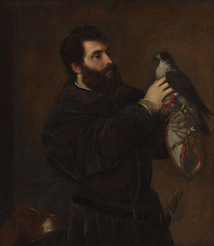 Giorgio Cornaro with a Falcon by Titian – Venetian Renaissance, Joslyn Art Museum. Man holding a falcon with a dark background