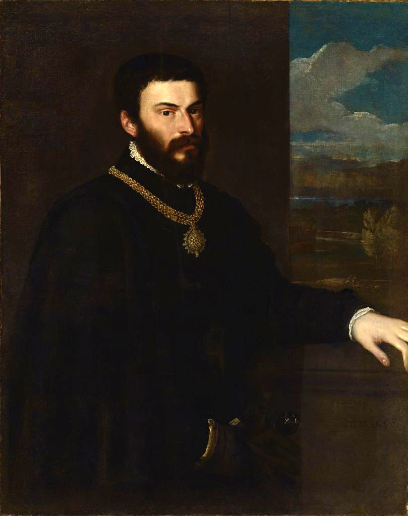 Portrait of Count Antonio Porcia by Titian – Renaissance Masterpiece, Pinacoteca di Brera Milan. Portrait of a man with a dark background and landscape in the corner