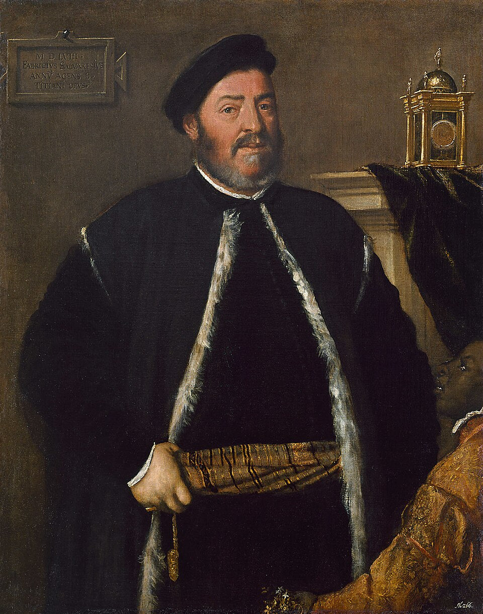 Portrait of Fabrizio Salvaresio by Titian – Renaissance Masterpiece, Kunsthistorisches Museum Vienna. Portrait of a man in formal attire with a clock in the background