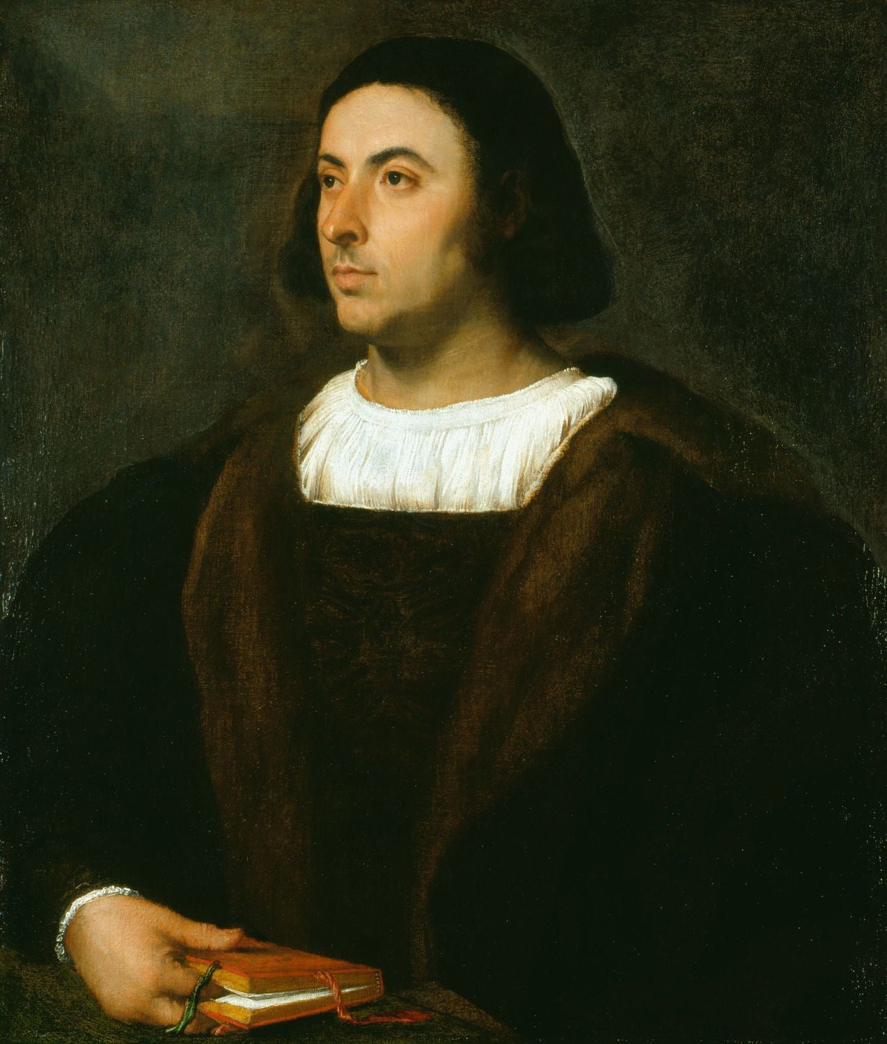 Portrait of Jacopo Sannazaro by Titian – Early Renaissance, Royal Collection London. Portrait of a man in dark clothing with a white collar, holding a book.