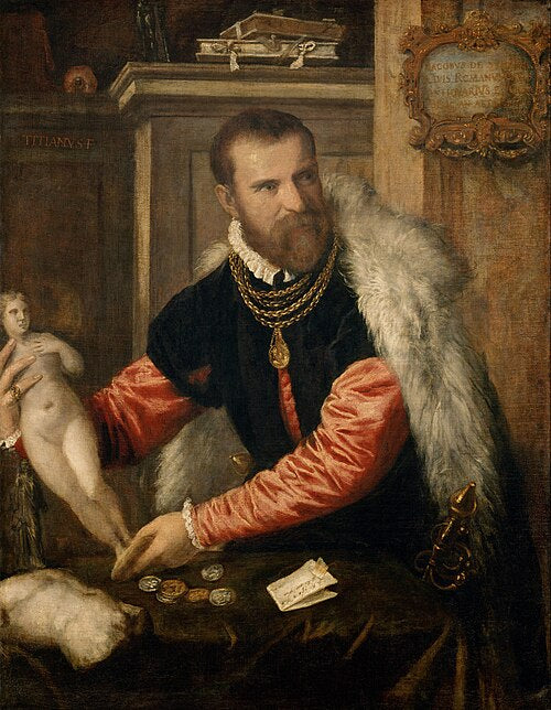 Portrait of Jacopo de Strada by Titian – Late Renaissance, Kunsthistorisches Museum Vienna. Portrait of a man with fur cloak and books in the background