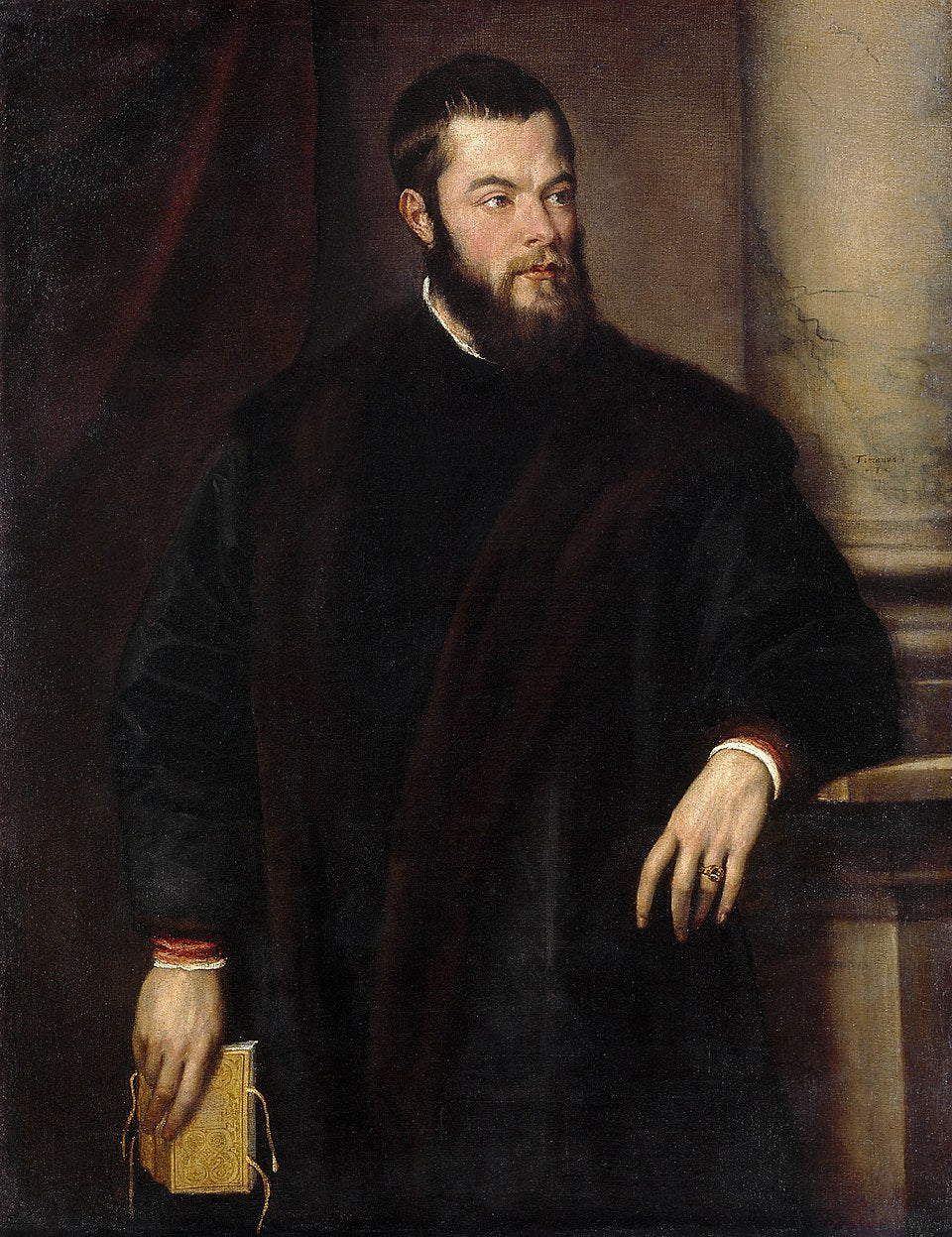 Portrait of Benedetto Varchi by Titian – Renaissance Masterpiece, Kunsthistorisches Museum Vienna. Portrait of a man in a dark robe holding a book, with a draped curtain and column in the background.