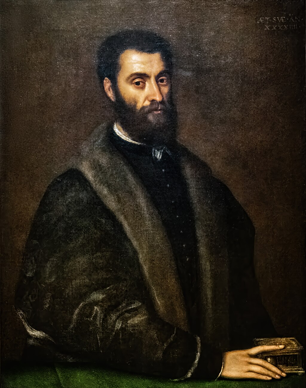 Portrait of Sperone Speroni by Titian – Renaissance Humanist, Musei Civici di Treviso. Portrait of a man with a beard wearing a dark coat, holding a book, against a brown background.