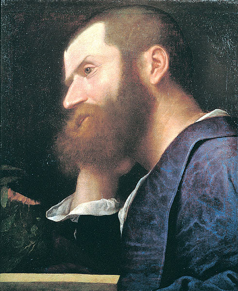Portrait of Pietro Aretino by Titian – Early Renaissance, Koelliker Collection Milan. Portrait of a man with a beard and blue garment, likely from the Renaissance period.