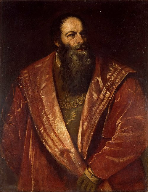 Portrait of Pietro Aretino by Titian – Renaissance Masterpiece, Palazzo Pitti Florence. Portrait of a bearded man in a red robe with gold accents, likely from the Renaissance period.