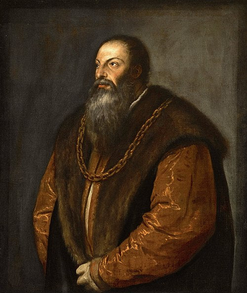 Portrait of Pietro Aretino by Titian – Renaissance Masterpiece, The Frick Collection New York. Portrait of a man with a beard wearing a fur-lined coat and chain, against a dark background.