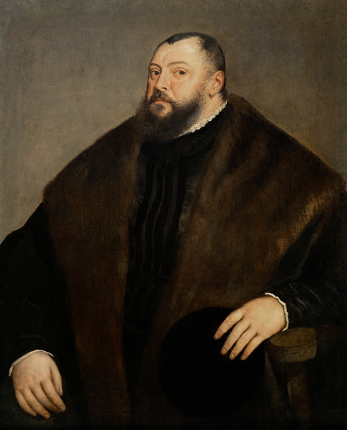 Portrait of John Frederick, Elector of Saxony by Titian – Renaissance Masterpiece, Kunsthistorisches Museum Vienna. Portrait of a man with a beard wearing a dark coat against a plain background