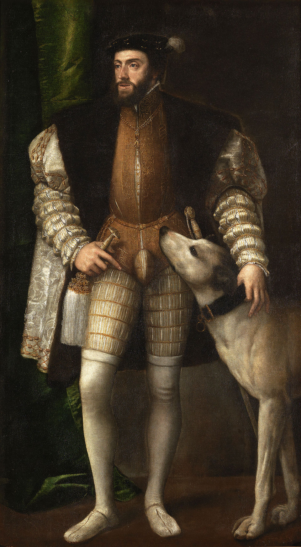 Portrait of Charles V with a Dog by Titian – Renaissance Royal Masterpiece, Museo del Prado Madrid. Portrait of a man in historical attire with a dog, likely from the Renaissance period.