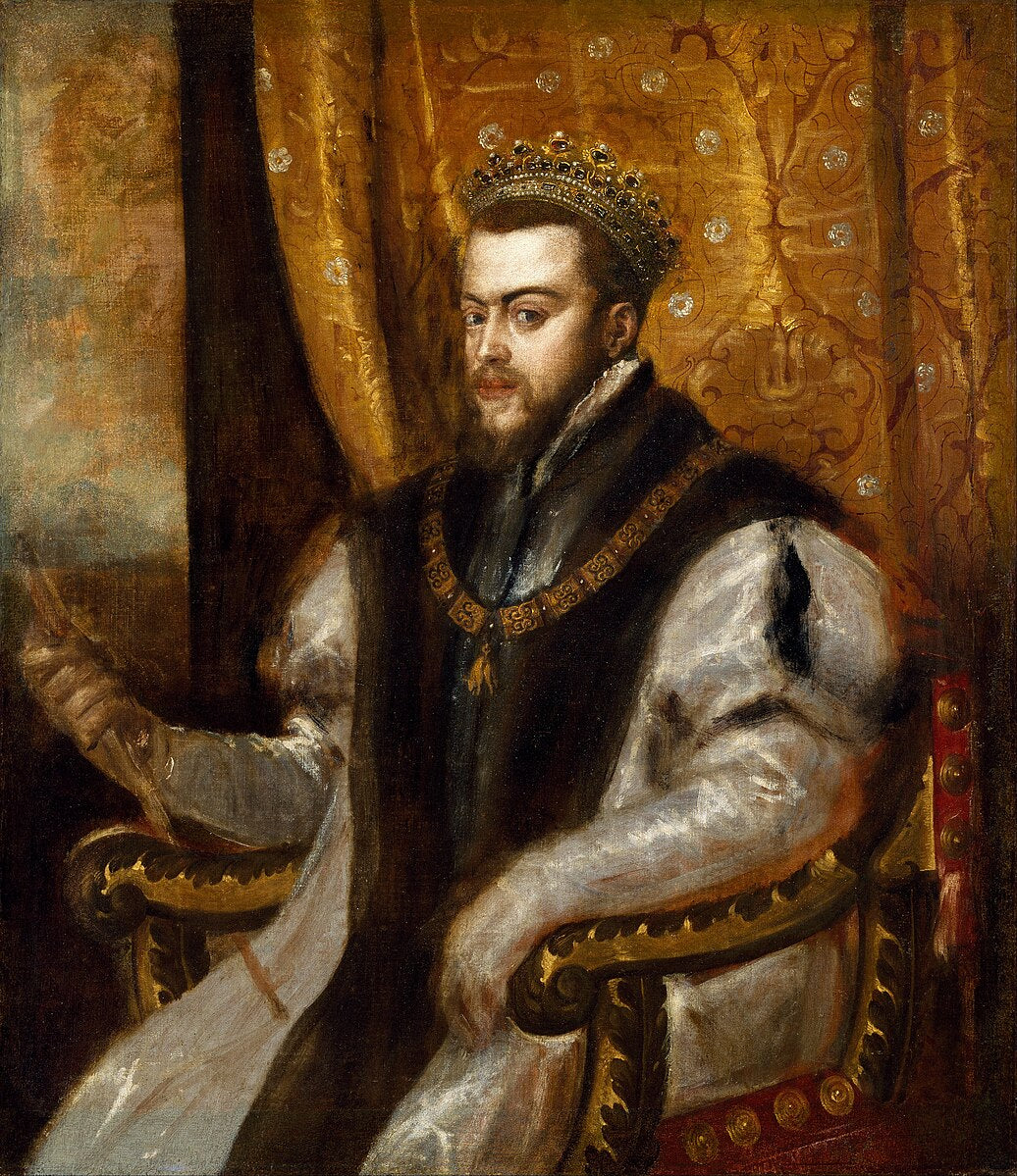 King Philip II of Spain by Titian – Renaissance Royal Portrait, Cincinnati Art Museum. Portrait of a man in regal attire with a crown, seated on an ornate chair against a decorative curtain.