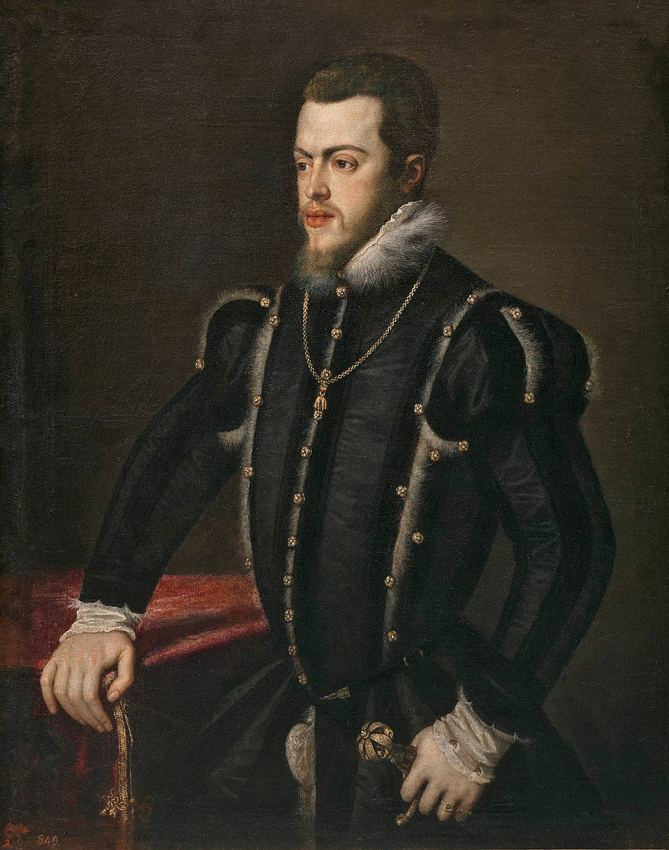 Philip II by Workshop of Titian – Renaissance Portrait, Museo del Prado Madrid. Portrait of a man in formal attire with a dark background
