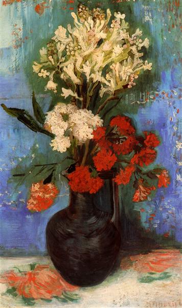 Famous painting of a still life with flowers in a vase against a textured blue wall. Vase with Carnations and Other Flowers (1886) by Van Gogh — Paris Floral Still Life