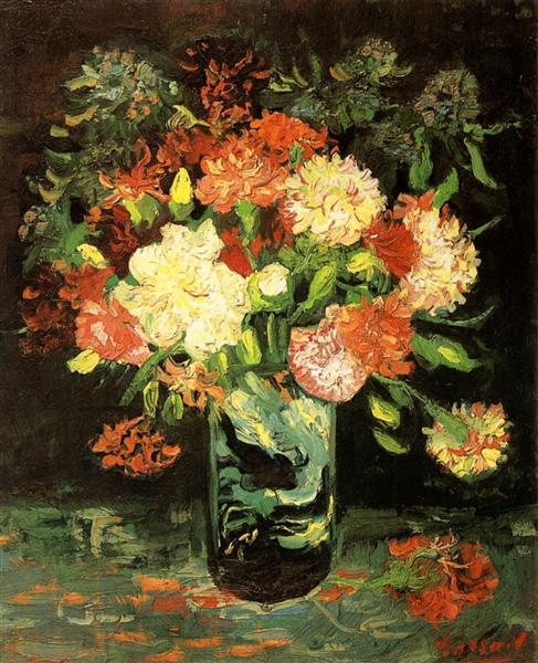 Still life painting of a bouquet of flowers in a glass vase on a dark background. Vase with Carnations (1886) by Van Gogh — Realism Floral Still Life