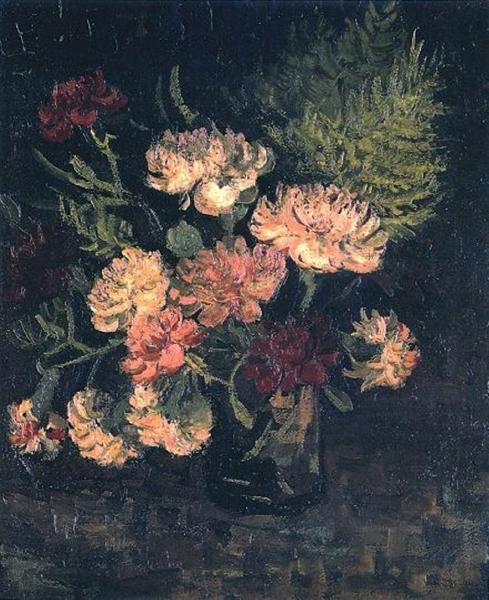 Still life painting of flowers in a vase on a dark background. Vase with Carnations (1886) by Van Gogh — Paris Floral Still Life