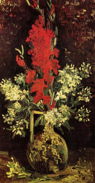 Still life painting of a vase with red and white flowers on a dark background. Vase with Gladioli & Carnations (1886) by Van Gogh — Paris Floral Still Life