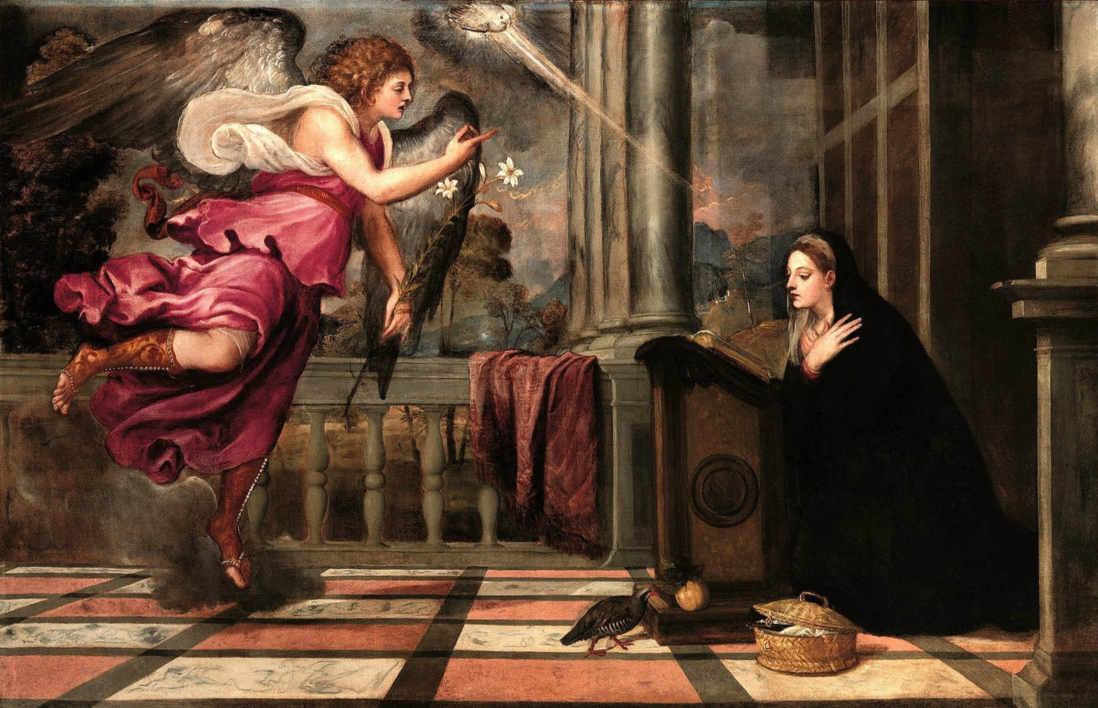 Painting of an angel appearing to a woman in a classical setting. Titian – Annunciation (1535) | Scuola Grande di San Rocco, Venice