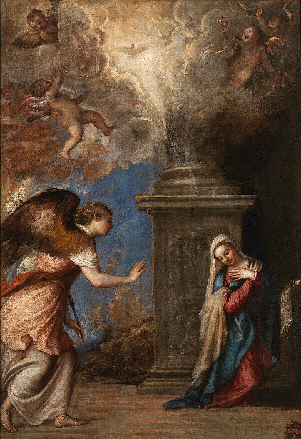 Painting of an angel and a woman in a religious setting with clouds and architecture. Titian – Annunciation (c. 1557) | Museo di Capodimonte, Naples