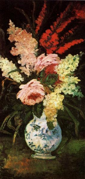 Vase with flowers on a dark background.Vase with Gladioli & Lilac (1886) by Van Gogh — Paris Floral Still Life