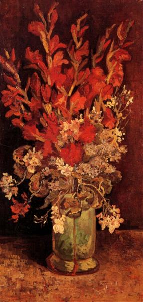 Still life painting of flowers in a vase on a wooden surface. Vase with Gladioli & Carnations (1886) by Van Gogh — Paris Floral Still Life