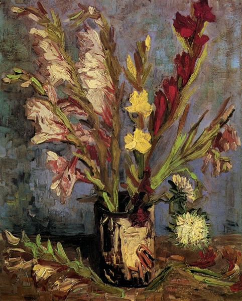 Still life painting of flowers in a vase with a textured background. Vase with Gladioli (1886) by Van Gogh — Vibrant Paris-Period Flower Painting