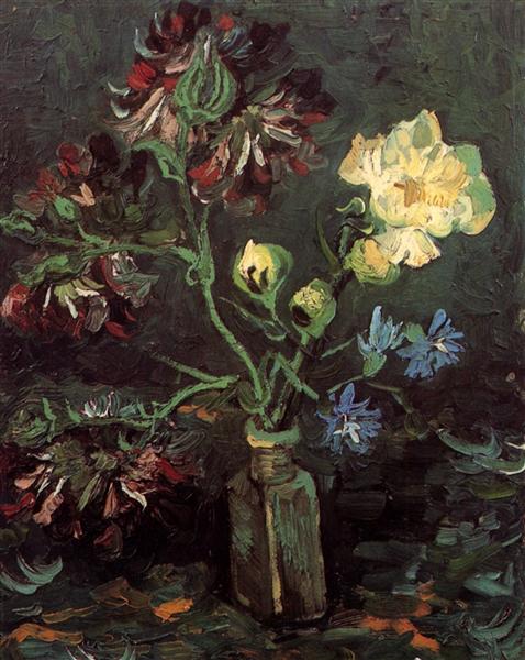 Painting of flowers in a bottle with a dark background. Vase with Myosotis and Peonies (1886) by Van Gogh — Paris Period Floral Still Life