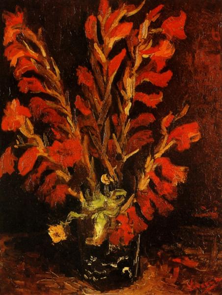 Still life painting of red flowers in a vase on a dark background. Vase with Red Gladioli (1886) by Van Gogh — Bold Paris-Period Floral Painting