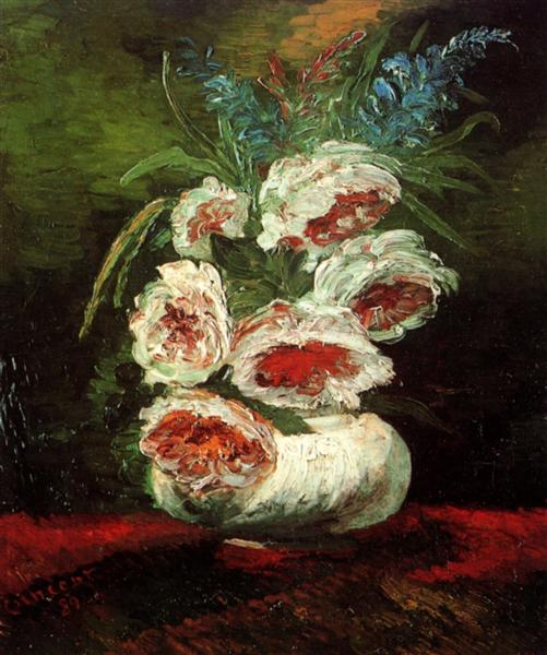 Still life painting of flowers in a vase on a dark background. Vase with Peonies (1886) by Van Gogh — Paris Floral Still Life