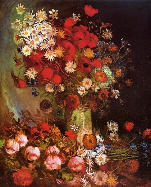 Vibrant bouquet of flowers with a dark background. Vase with Poppies, Cornflowers, Peonies & Chrysanthemums (1886) by Van Gogh — Paris Floral Still Life