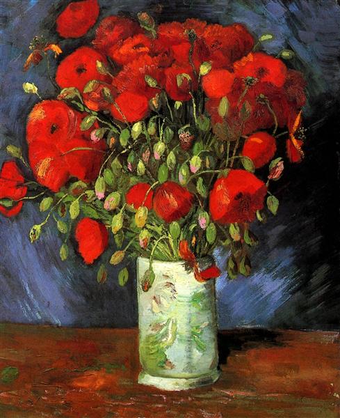 Painting of a bouquet of red flowers in a vase on a dark background. Vase with Red Poppies (1886) by Van Gogh — Bold Paris-Period Floral Still Life