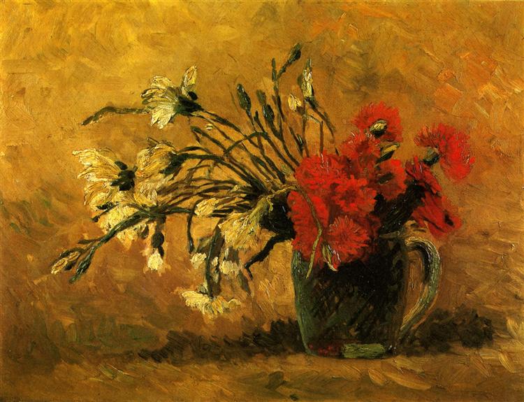 Still life painting of flowers in a vase on a textured brown background. Vase with Red & White Carnations on a Yellow Background (1886) by Van Gogh — Bold Still Life