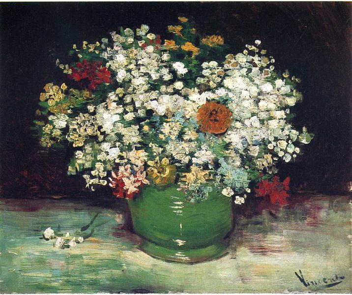 Painting of a bouquet of flowers in a green vase on a dark background. Vase with Zinnias and Other Flowers (1886) by Van Gogh — Paris Floral Still Life