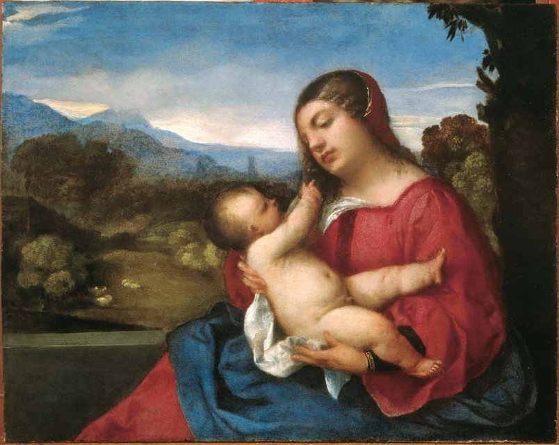 Painting of a woman holding a child in a landscape setting. Titian – Lochis Madonna (c. 1508–1510) | Accademia Carrara, Bergamo