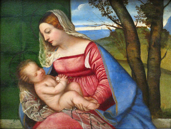 Painting of a woman holding a child in a natural landscape. Titian – Madonna and Child (c. 1508–1510) | Prado Museum, Madrid