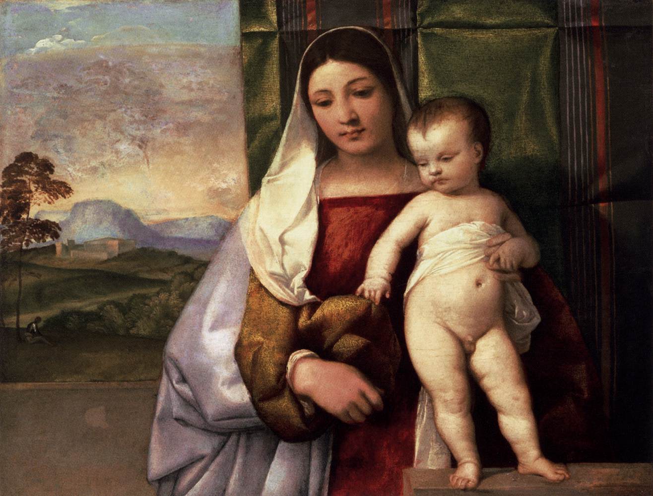 Painting of a woman holding a child with a landscape in the background. Titian – Madonna and Child (c. 1508–1510) | Gemäldegalerie, Berlin
