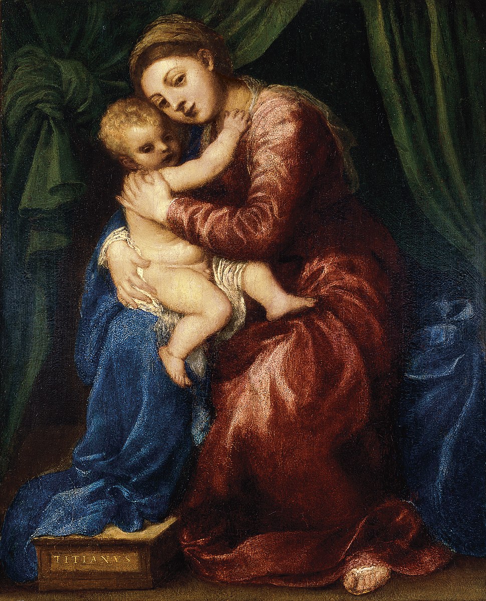 Painting of a woman holding a child with a green curtain background. Titian – Madonna and Child (c. 1560–1565) | Museo Thyssen-Bornemisza, Madrid