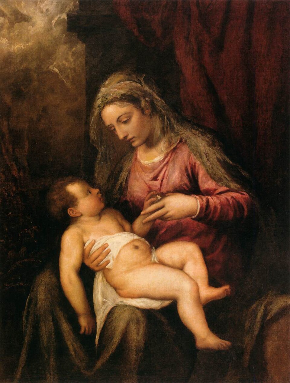 Painting of a woman holding a child against a dark background. Titian – Virgin and Child (c. 1570–1576) | Kunsthistorisches Museum, Vienna