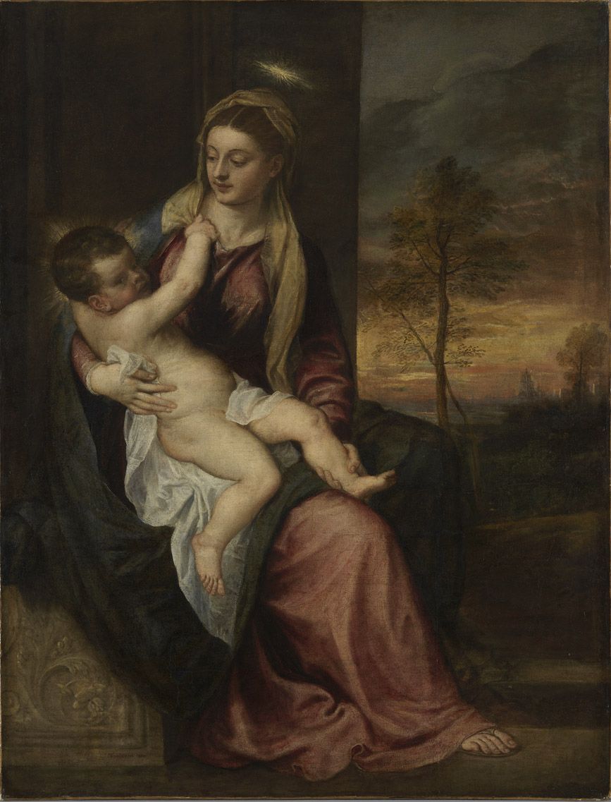Painting of a woman holding a child with a landscape in the background. Titian – Madonna and Child in an Evening Landscape (c. 1560) | Alte Pinakothek, Munich